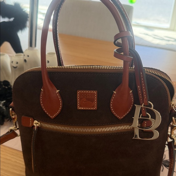 Dooney & Bourke Chocolate Suede Satchel with Cognac Leather Trim - Picture 2 of 6